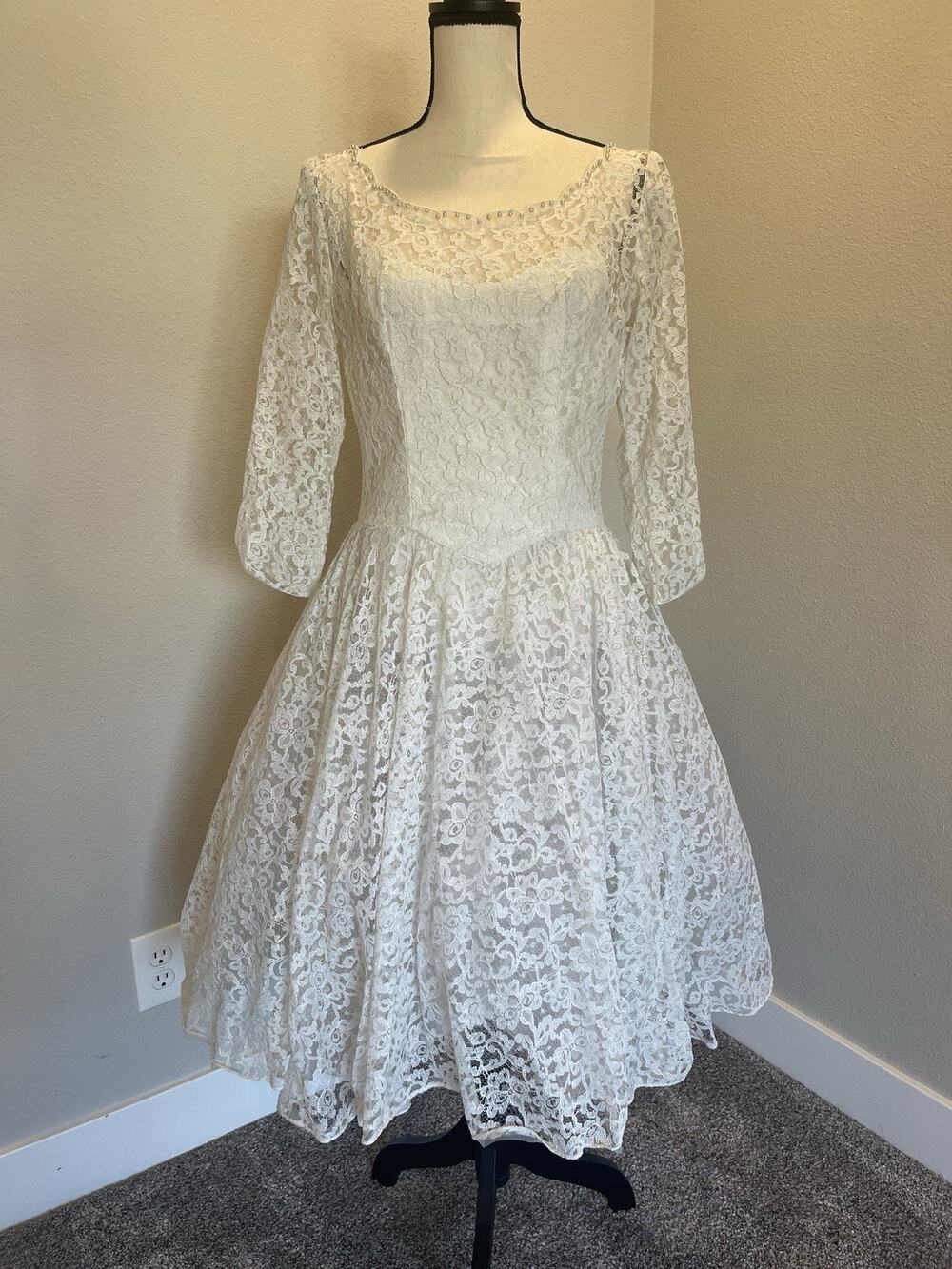 Emma Domb Vintage Mid Century 3/4 Sleeve MIDI Wedding Dress Approx Medium